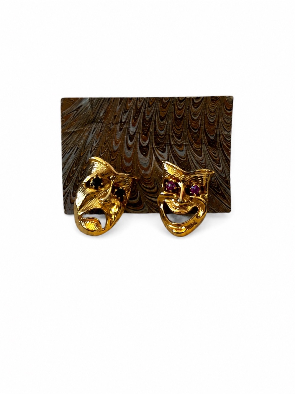 Vintage Comedy & Tragedy Mask Stud Earrings Gold Tone Rhinestone Theater
